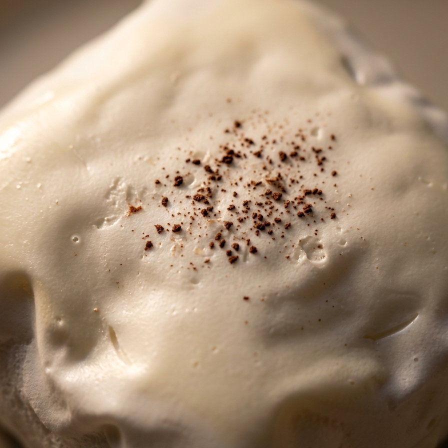 A close-up shot of a dessert, likely a mousse or gelato, with thick white frosting or cream and a dusting of dark brown cocoa powder sprinkled on top, served on a light beige plate.