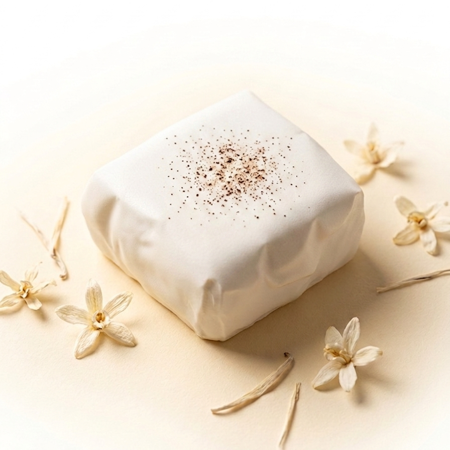 A square white wrapped item, likely a soap bar or packaged product, photographed on a warm cream background with scattered dried flowers and botanicals around it.