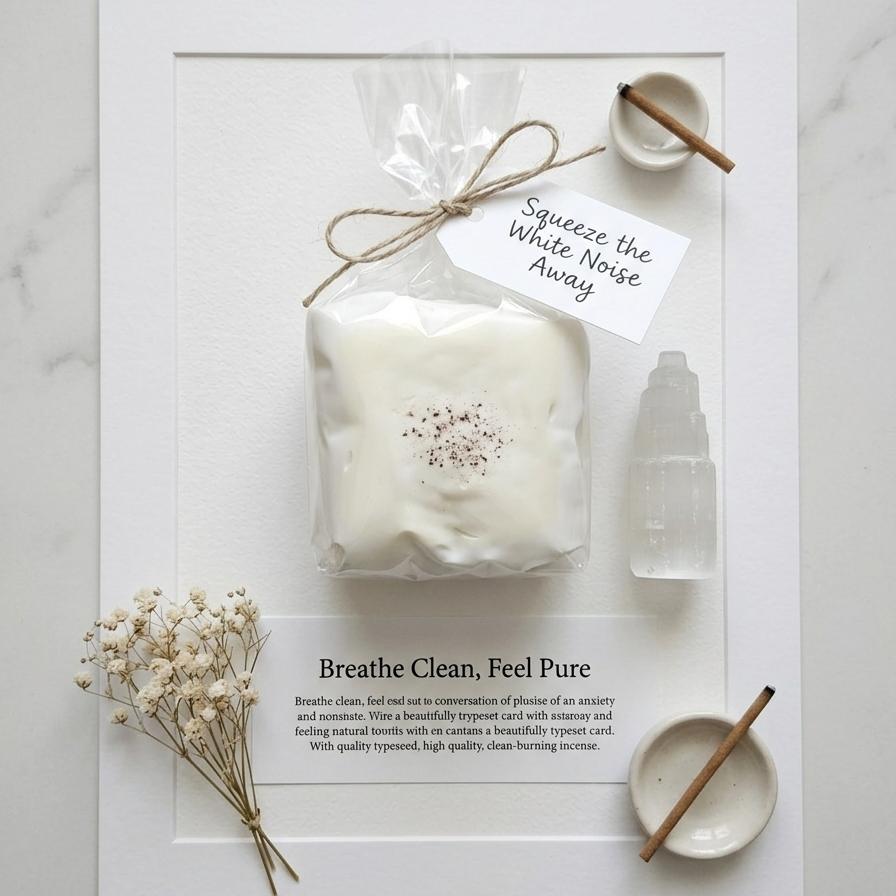 A styled flat-lay of a white bath soak packet tied with twine and a handwritten tag reading 'Squeeze the White Noise Away,' surrounded by small props on a white card over a light marble surface.