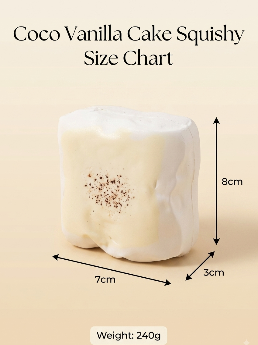 A size chart graphic for a Coco Vanilla Cake Squishy, showing a white and cream-colored cake-shaped squishy with dimension arrows indicating 7cm by 8cm by 3cm, plus a weight label of 240g on a beige gradient background.