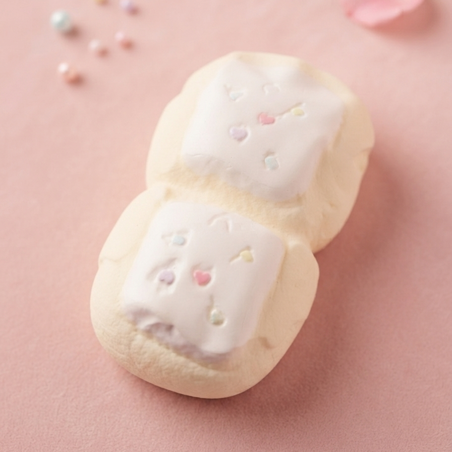 Two pale cream marshmallows topped with white frosting and small pastel sprinkles, arranged on a soft pink background with a few scattered decorative beads.