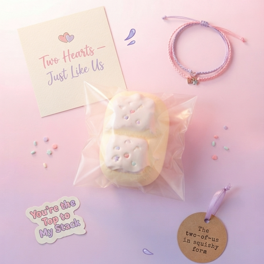 A styled flat-lay of a pastel pink and lavender braided cord bracelet with a small heart charm, displayed next to a clear bag containing two cream-colored, heart-shaped squishy toys with white frosting-like details. The scene is decorated with cute stickers, a small card reading 'Two Hearts - Just Like Us', and a round wooden tag on a soft pink and purple gradient background.