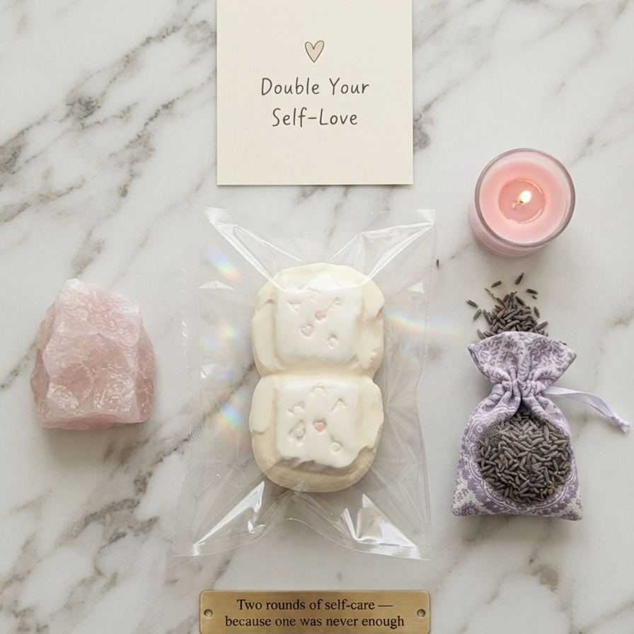 A self-care gift set arranged on a white marble surface, featuring a double-wrapped cream-colored bath bomb, a pink rose quartz crystal, a lavender sachet with dried lavender, a pink candle, and a card that reads 'Double Your Self-Love' with a small gold tag below.