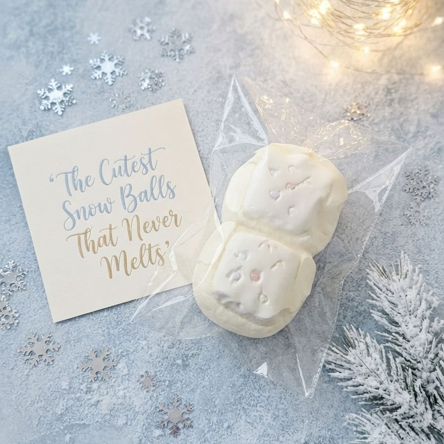 Two white snowman-shaped marshmallow treats wrapped in clear cellophane packaging, placed on a light blue textured surface beside a printed card that reads “The Cutest Snow Balls That Never Melts,” with decorative snowflakes, fairy lights, and frosted pine branches.