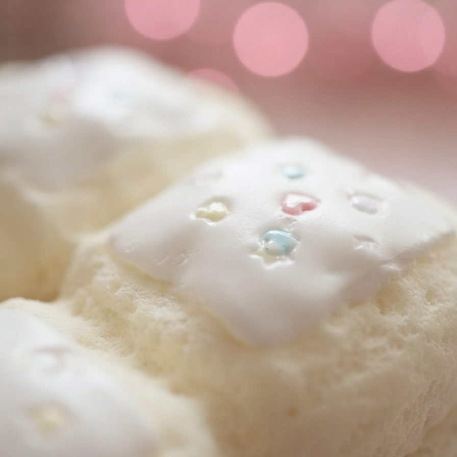 Close-up of a soft, pale cream-colored baked good topped with smooth white icing and small pastel sprinkles, photographed against a soft pink bokeh background.