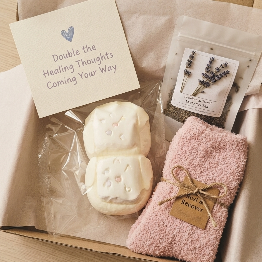 A wellness gift set in a cardboard box with tissue paper, featuring a cream-colored marshmallow-shaped bath bomb, a pink towel tied with a twine bow, a packet of lavender tea, and a card that reads 'Double the Healing Thoughts Coming Your Way'.
