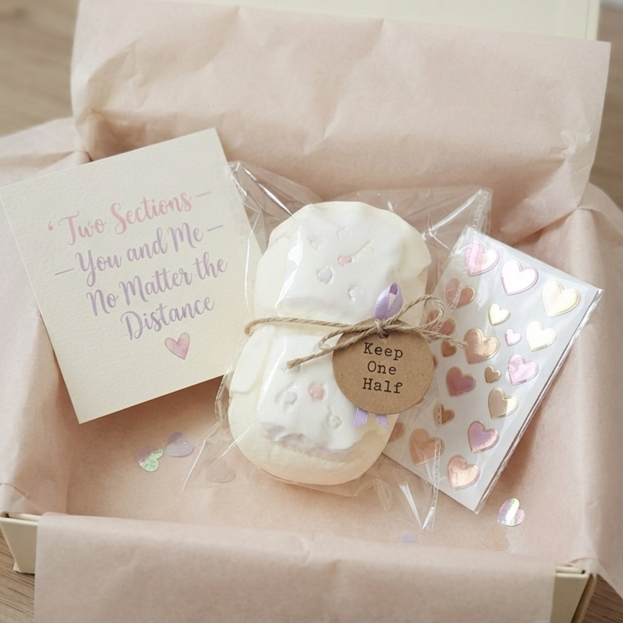 A heart-themed gift box containing a white frosted hair bow tied with a wooden tag that reads 'Keep Our Hair', a card that says 'Two Sections - You and Me - No Matter the Distance', and a sheet of metallic heart stickers, all arranged in blush pink tissue paper.