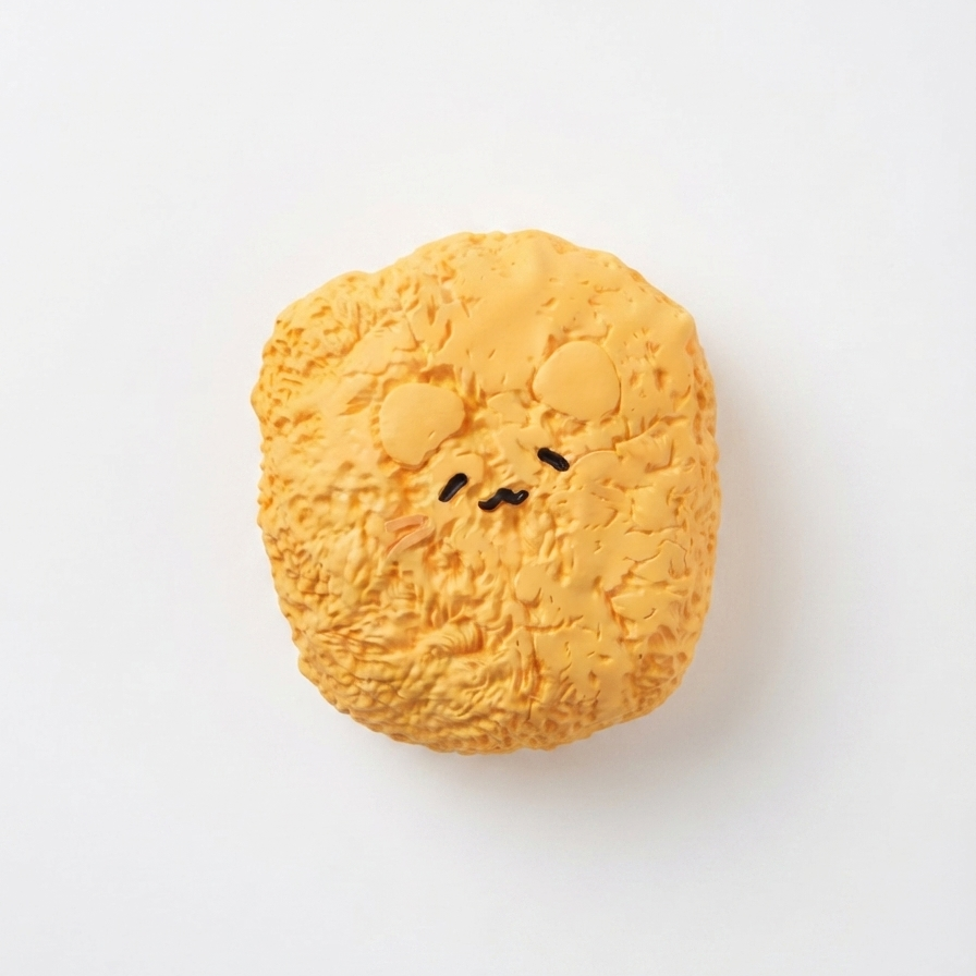 A round, textured yellow-orange sponge toy with a cute minimalist face, photographed from directly above on a clean white background.