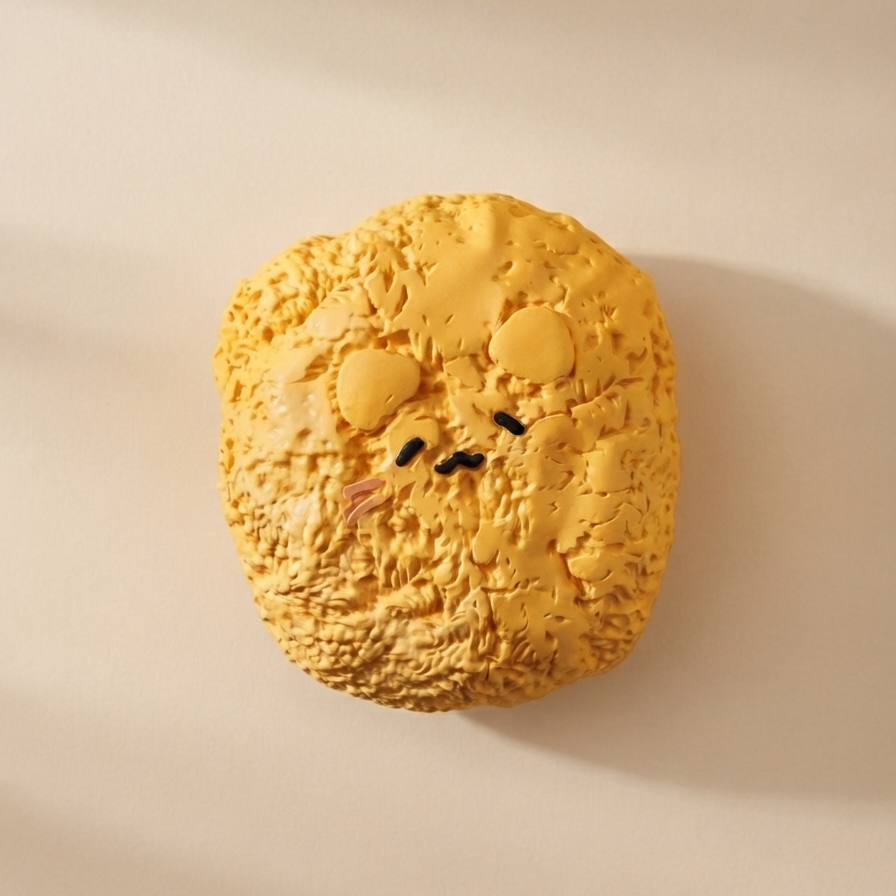 A round, textured yellow sponge with a cute face, photographed from directly above on a warm beige background.