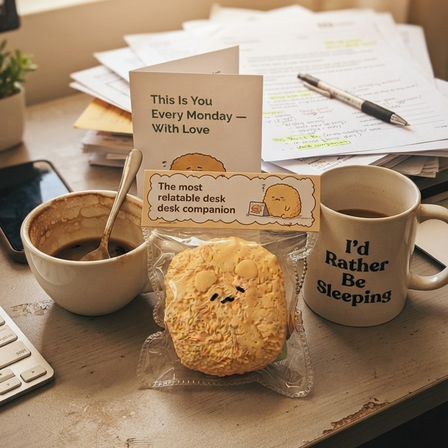 A packaged round yellow plush desk companion toy sits on a desk next to a coffee cup, a mug that says 'I'd Rather Be Sleeping', and a card that reads 'This Is You Every Monday — With Love'. Papers, a pen, and a phone are visible in the background near a window.