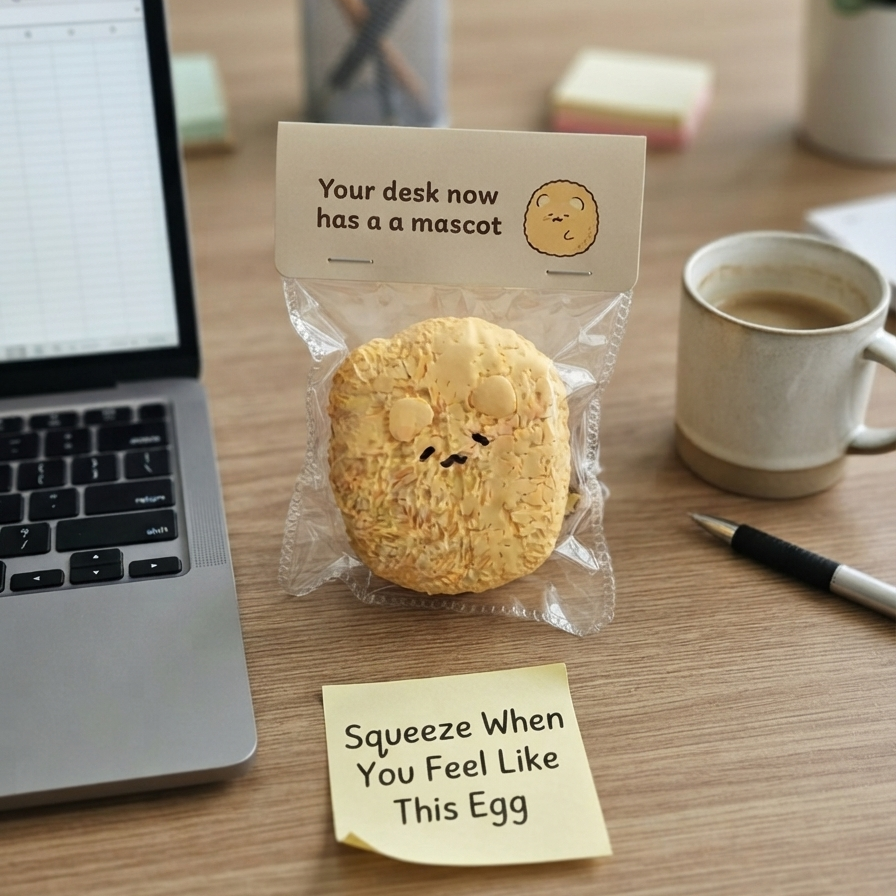 A packaged novelty squishy egg sits on a wooden desk next to a laptop, sticky notes, a pen, and a coffee mug. The egg has a printed face and a handwritten note above it that reads 'Your desk now has a mascot'.