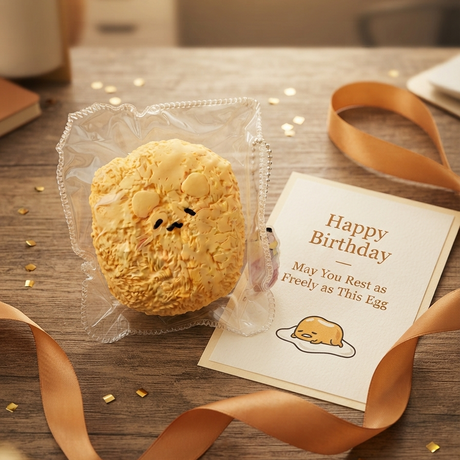 A round, textured golden-yellow plush toy with a small black face, wrapped in clear cellophane packaging, displayed on a wooden table next to a 'Happy Birthday' card and a gold ribbon.
