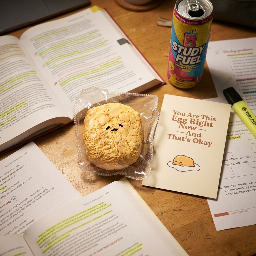 A packaged round baked good with a small face sits on a wooden desk surrounded by open books, a can of Study Fuel drink, a card that says 'You Are This Egg Right Now And That's Okay', and other study props.