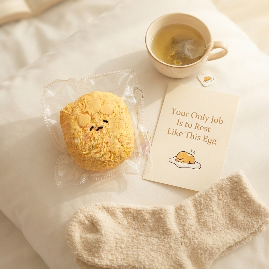 A cozy flat-lay scene on white bedding featuring a round yellow character snack in a clear wrapper, a small cup of tea, a cream card that reads 'Your Only Job Is to Rest Like This Egg' with a small egg illustration, and a pair of soft cream socks.