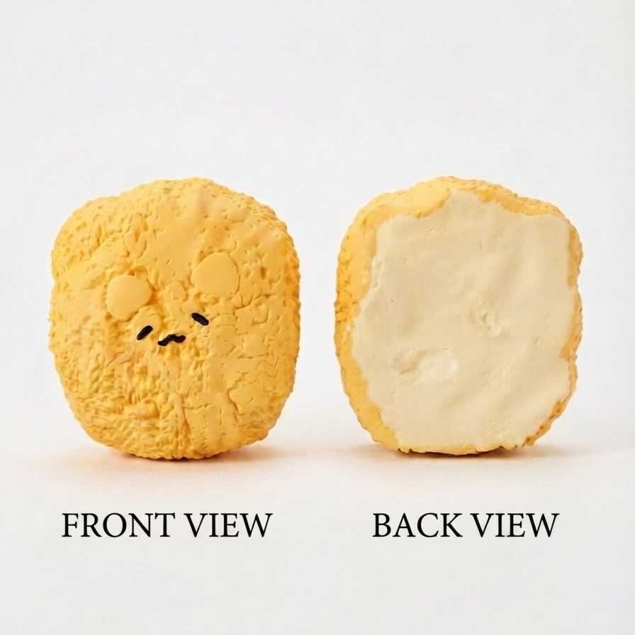 A square yellow snack or candy shown in front and back views on a white background. The front view has a cute face drawn on it, and the back view shows a smooth pale cream center.