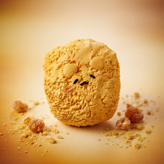 A cute, round, textured golden-brown snack or cookie with a small face, surrounded by crumbs and small pieces on a warm beige background.