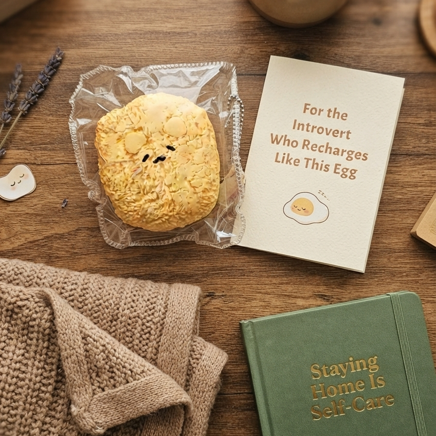 A styled flat-lay featuring a round, textured golden-brown pastry in a clear plastic wrapper, next to a cream card that reads 'For the Introvert Who Recharges Like This Egg' with a small egg illustration. The scene is set on a wooden table with a beige knit sweater, a green notebook with gold text reading 'Staying Home Is Self-Care', and other cozy props.