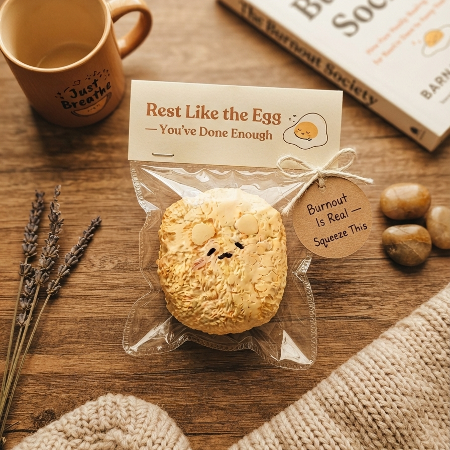 A packaged baked cookie with a cute face sits on a wooden table surrounded by a mug, a book, dried lavender, nuts, and a knitted blanket. The package card reads 'Rest Like the Egg - You've Done Enough' and the cookie tag says 'Burnout is Real - Squeeze This'.