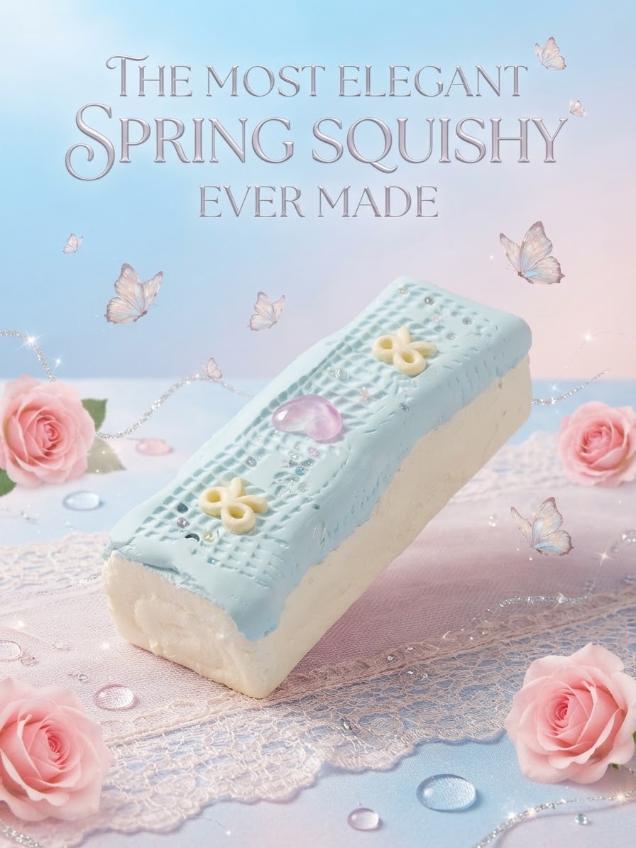 A rectangular squishy eraser with a light blue top and cream-colored sides, decorated with yellow flower details and a small pink heart, displayed on a pink lace surface with pink roses and butterflies. Text at the top reads, 'THE MOST ELEGANT SPRING SQUISHY EVER MADE'.