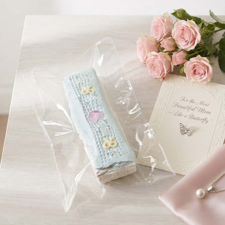 A light blue knitted rectangular item with embroidered yellow and pink details, wrapped in clear plastic, displayed on a light wood surface next to pink roses, a card, and a pale pink clutch.