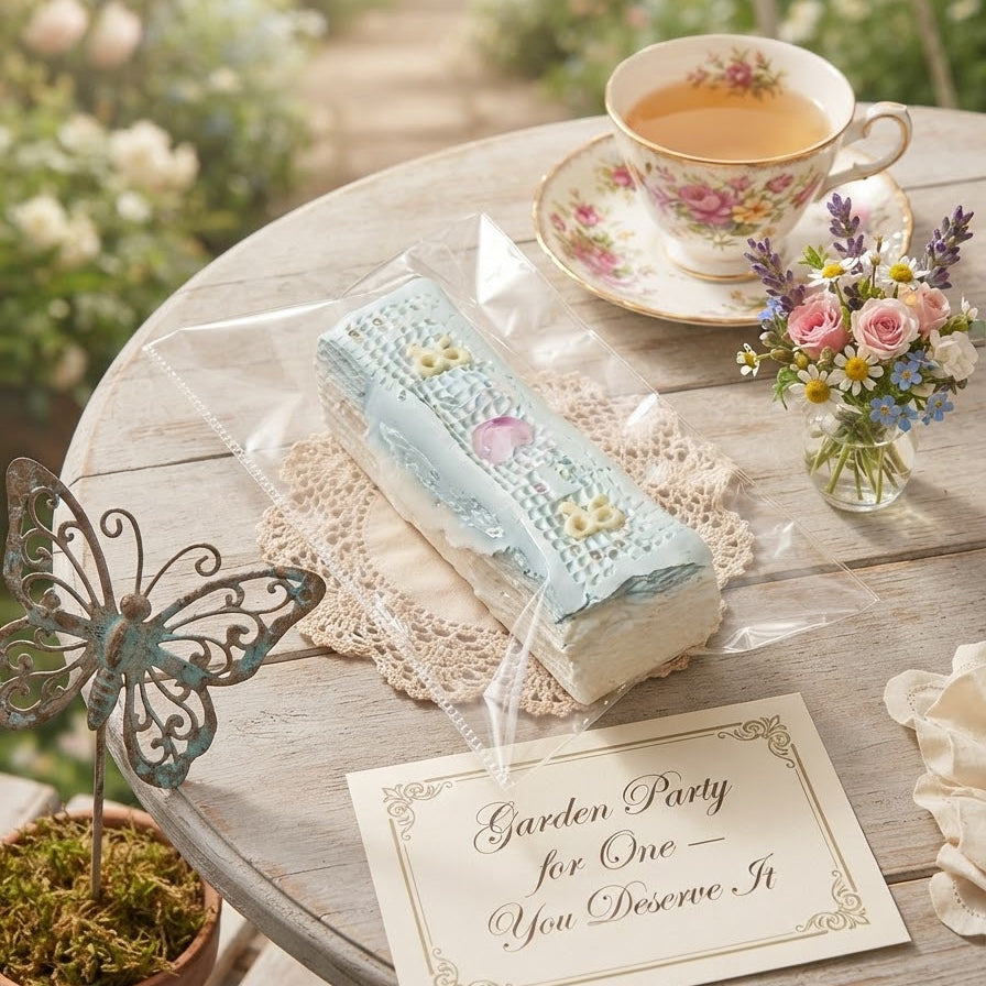 A packaged embroidered floral textile item rests on a round wooden table in a garden setting, alongside a teacup, small flowers, a butterfly decoration, and a printed card that reads 'Garden Party for One - You Deserve It.'.