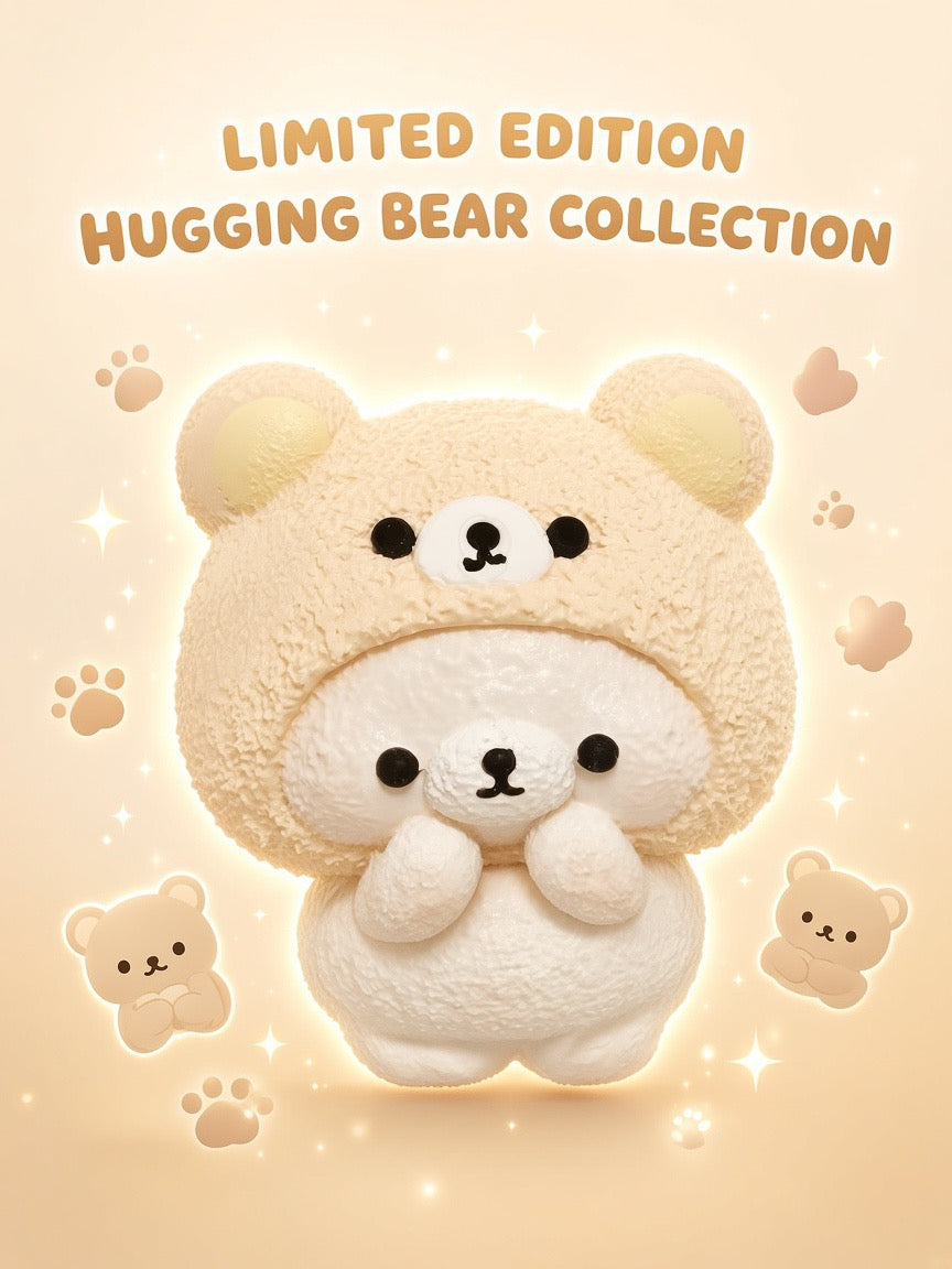 A cute plush toy featuring a small cream bear hugging a larger beige bear in a hooded outfit, with the text 'LIMITED EDITION HUGGING BEAR COLLECTION' above it on a warm beige background with paw prints and sparkles.