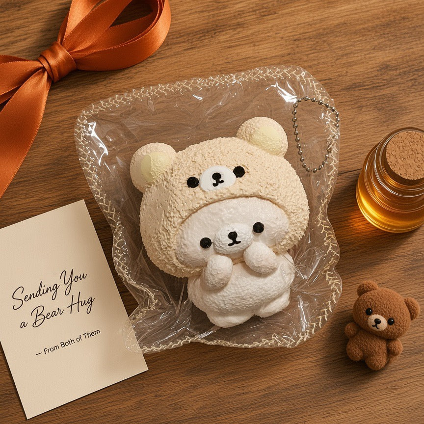 A plush bear-shaped keychain or charm wrapped in clear cellophane, placed on a wooden surface with an orange ribbon, a small card reading 'Sending You a Bear Hug,' and a tiny teddy bear figurine nearby.