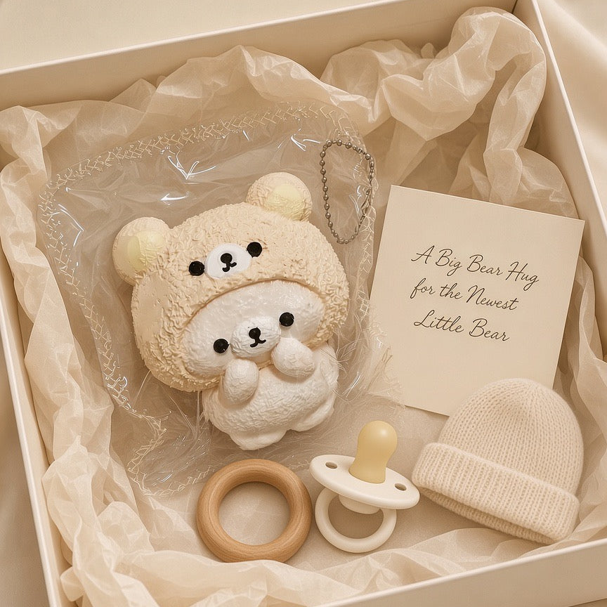 A baby gift set in a cream-colored box lined with beige tissue paper, featuring a plush bear keychain, a wooden pacifier clip, a cream knit beanie, and a handwritten note that reads 'A Big Bear Hug for the Newest Little Bear'.