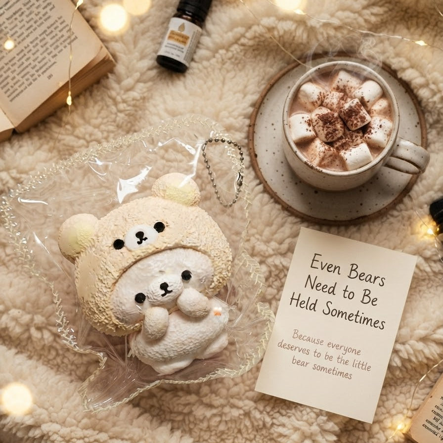 A cute cream-colored plush bear character wearing a knit hat, packaged in a clear plastic bag with a keychain loop, styled in a cozy flat-lay with a hot cocoa cup, a card reading 'Even Bears Need to Be Held Sometimes', and warm fairy lights on a fluffy cream blanket.