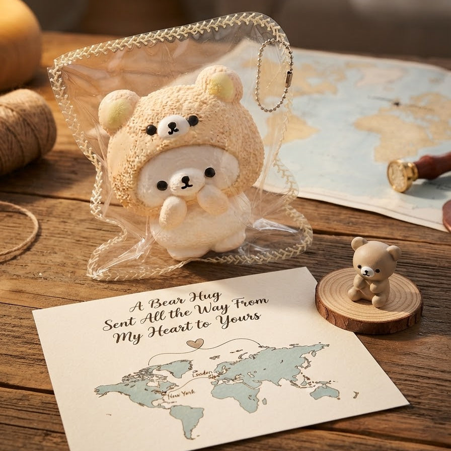 A small plush bear character in a beige hooded outfit sits inside a clear zip pouch on a wooden table, with a printed card reading 'A Bear Hug Sent All the Way From My Heart to Yours' and a small bear figurine nearby.