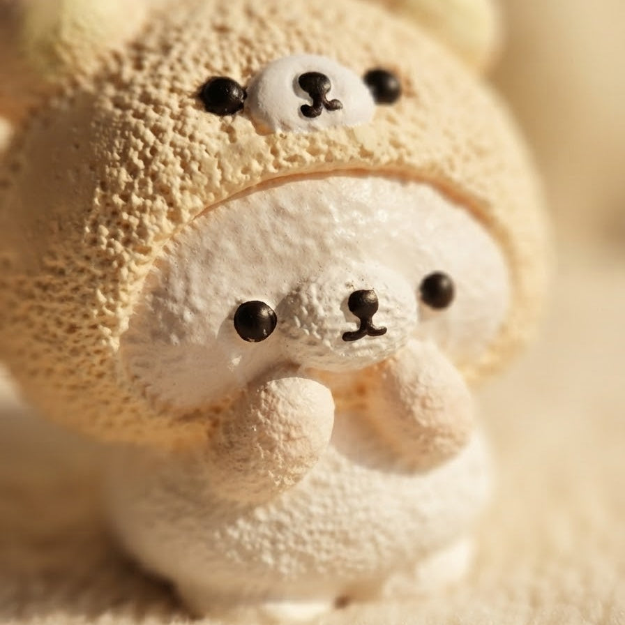 A close-up of a small plush bear toy wearing a textured beige knit hood, with a soft white body and black embroidered facial details, photographed on a warm beige background.