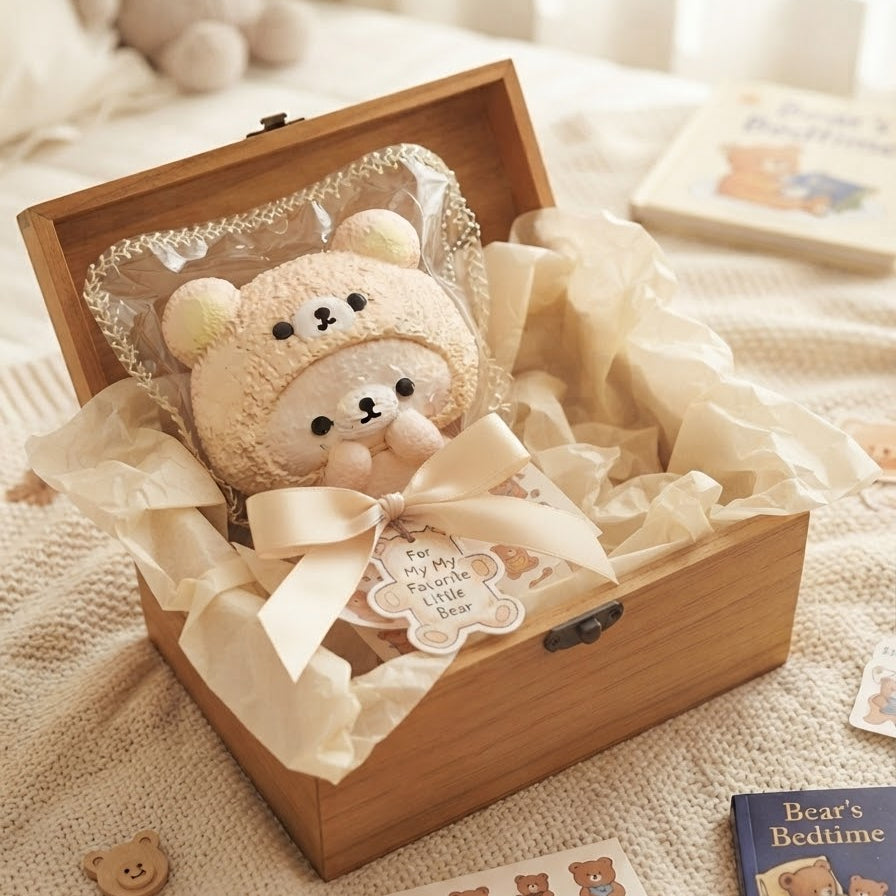 A wooden gift box filled with a plush teddy bear wrapped in clear cellophane and tied with a cream ribbon, placed on a soft beige blanket with teddy-themed stationery and a small book around it.