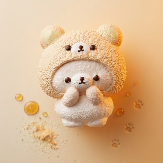 A cute bear-shaped bath bomb or soap figure with a textured beige outer layer and a smooth white inner face, styled on a warm beige background with scattered powder, honey droplets, and paw prints.