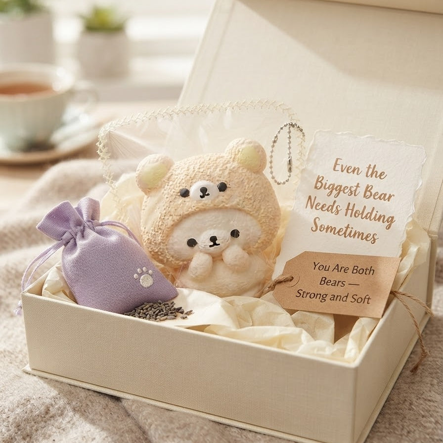 A gift box containing a small plush bear wearing a beige animal hood, a lavender drawstring pouch, and a card that reads, 'Even the Biggest Bear Needs Holding Sometimes. You Both Bears — Strong and Soft.