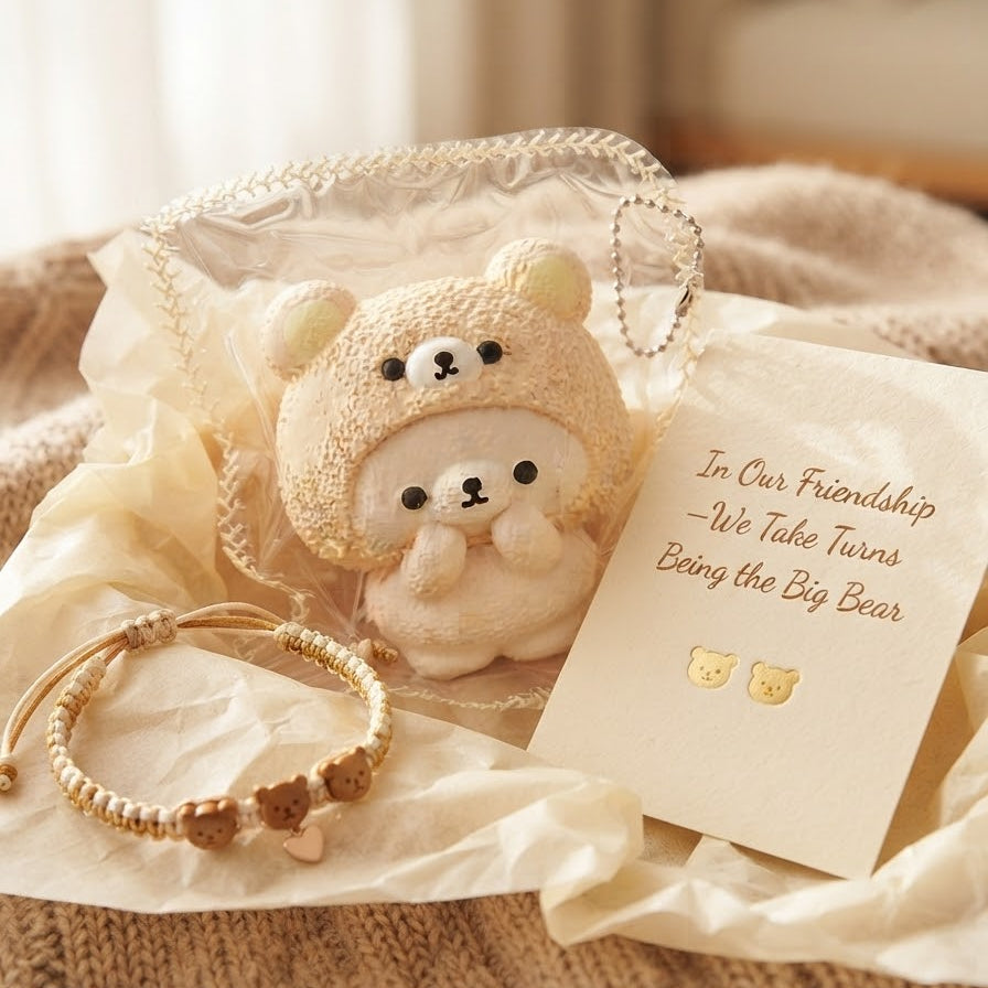 A cute plush bear accessory set displayed on a beige knit blanket with cream fabric and a bracelet. The set includes a small plush bear in a beige hood with a keychain loop, a matching beaded bracelet, and a card that reads 'In Our Friendship - We Take Turns Being the Big Bear' with small bear face graphics.