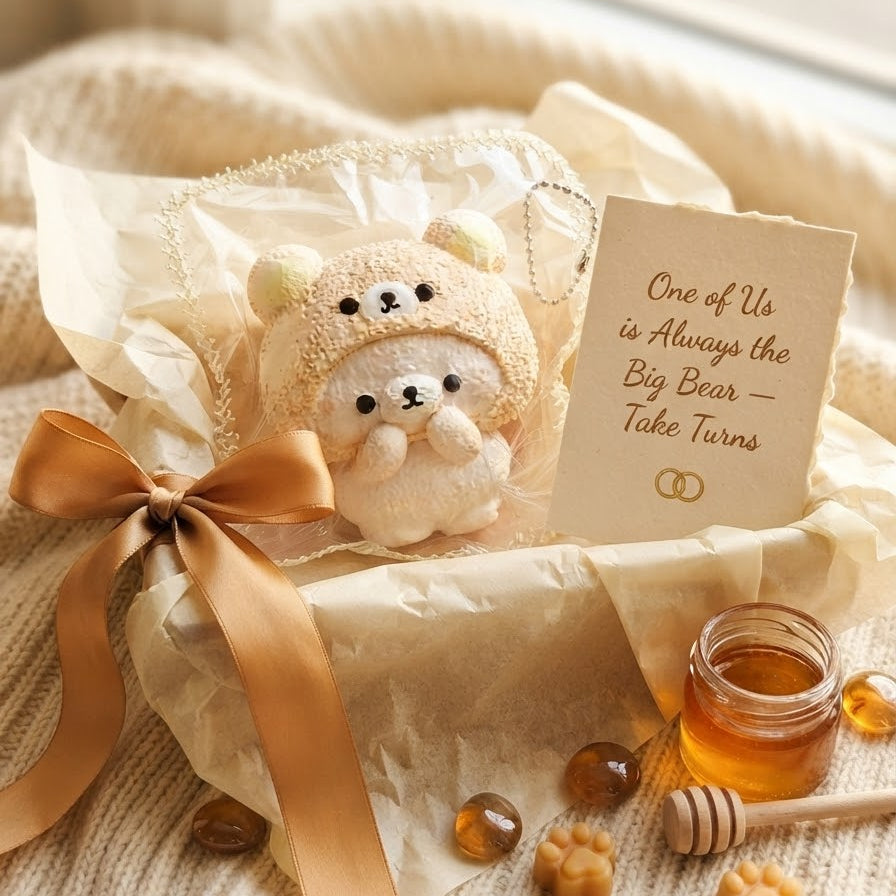 A cozy gift set featuring two plush teddy bear toys in cream-colored outfits, wrapped in tissue paper with a tan ribbon bow. A small card reads 'One of Us is Always the Big Bear - Take Turns', accompanied by honeycomb pieces, a small jar of honey, and a honey dipper on a soft beige knit blanket near a window.