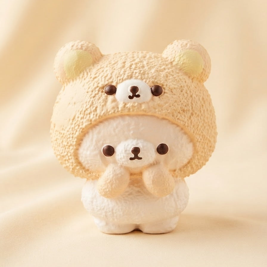 A cute plush bear figurine with a cream-colored textured bear hat and a white body, set against a soft beige fabric background.