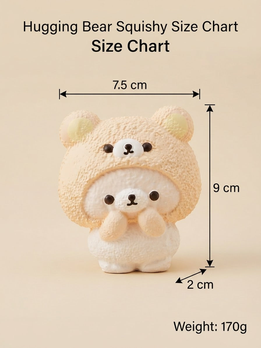 A hugging bear squishy with a beige fuzzy hat and cream-colored body, shown with dimension arrows and text labels indicating 7.5 cm width, 9 cm height, 2 cm base width, and weight 170g on a beige background.