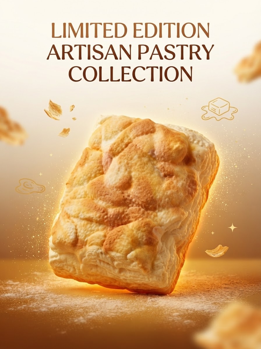 A golden-brown artisanal pastry loaf floating in a warm, glowing promotional graphic with the text 'LIMITED EDITION ARTISAN PASTRY COLLECTION' above it.