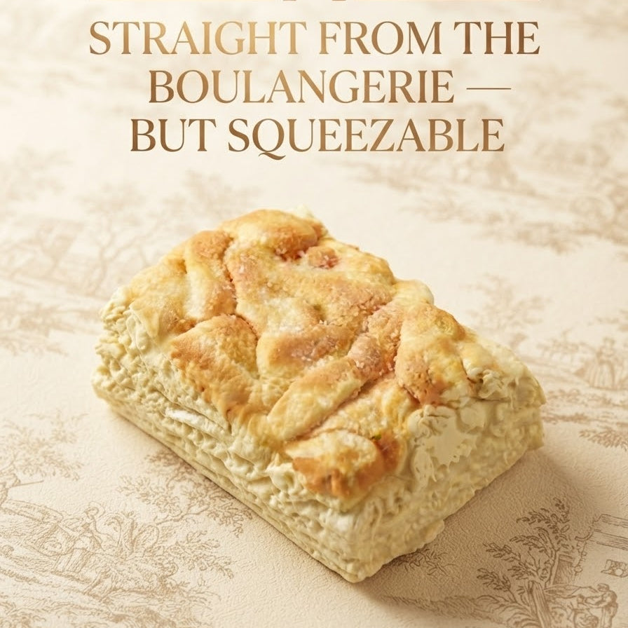 A rectangular flaky pastry or bread loaf with braided top, shown on a beige patterned surface with the text 'STRAIGHT FROM THE BOULANGERIE — BUT SQUEEZABLE' above it.