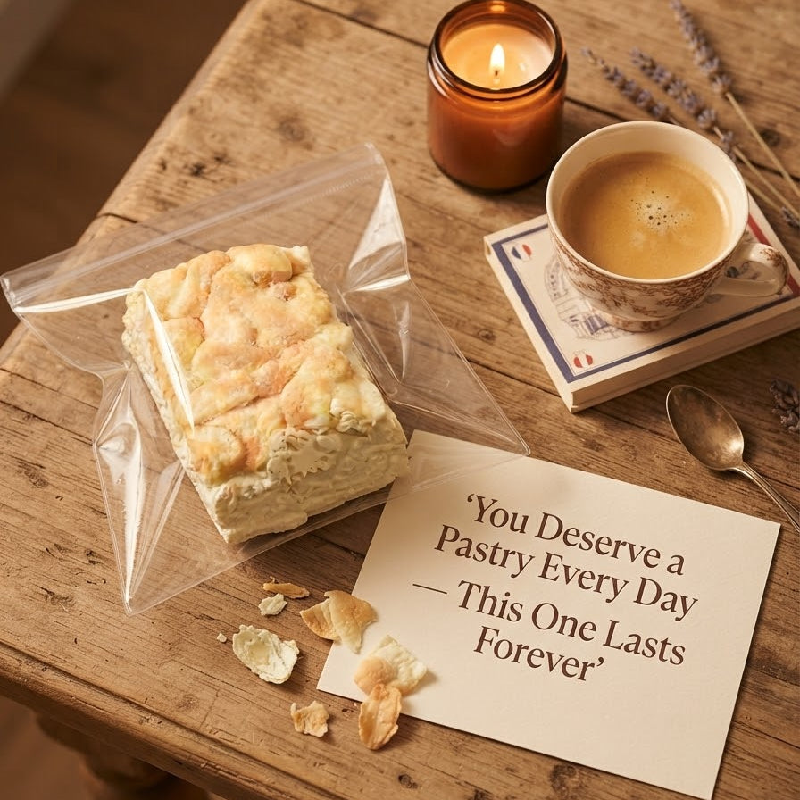 A packaged pastry sits on a rustic wooden table beside a lit candle, a cup of coffee, a spoon, dried lavender, and a card that reads, 'You Deserve a Pastry Every Day — This One Lasts Forever.'.