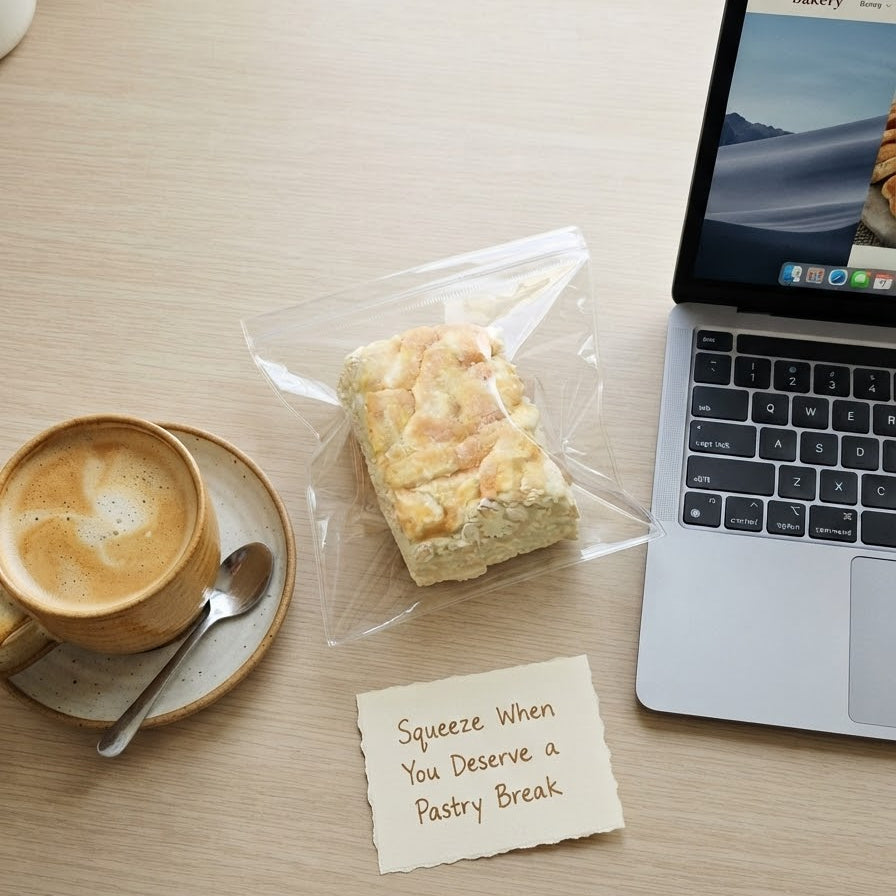 A pastry break in a clear plastic bag sits on a light wood desk next to a cup of coffee, a spoon, a handwritten note, and the corner of an open laptop.