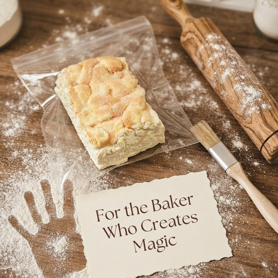 A baked rectangular loaf or pastry wrapped in a clear plastic bag, placed on a wooden surface with flour scattered around it. A wooden rolling pin, pastry brush, and a small note reading 'For the Baker Who Creates Magic' are also visible.