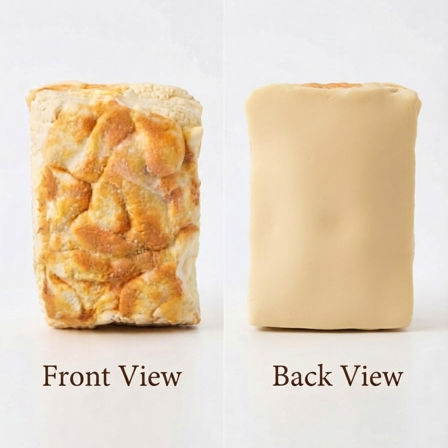 A rectangular beige product shown from two views on a white background, labeled 'Front View' and 'Back View.' The left front view shows a textured golden-brown patterned surface, while the right back view shows a smooth solid beige side.