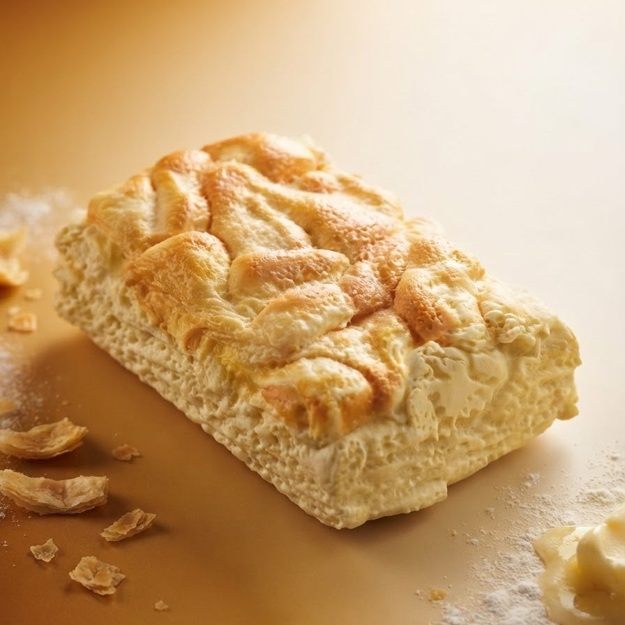 A golden-brown baked pastry loaf with a braided top, photographed on a warm beige surface with a few crumbs scattered around.