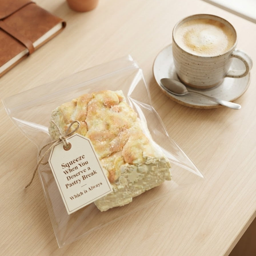 A packaged pastry on a clear plastic bag with a handwritten tag reading 'Squeeze When You Deserve A Pastry Break - Which Is Always,' styled on a light wood table next to a cup of coffee and a small potted succulent.