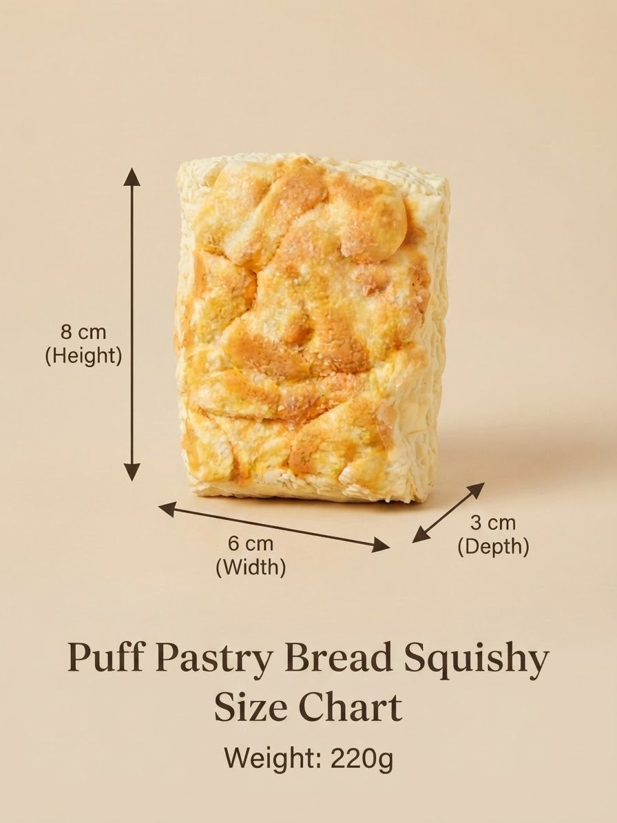 A loaf-shaped puff pastry bread squishy shown with dimension arrows and text labels indicating height 8 cm, width 6 cm, and depth 3 cm, plus the text 'Puff Pastry Bread Squishy Size Chart' and 'Weight: 220g' on a beige background.