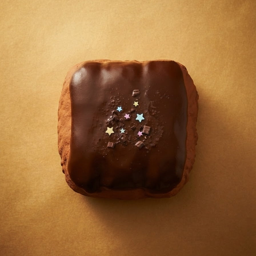 A chocolate-covered square pastry or bread topped with small star-shaped sprinkles, photographed from above on a warm brown background.