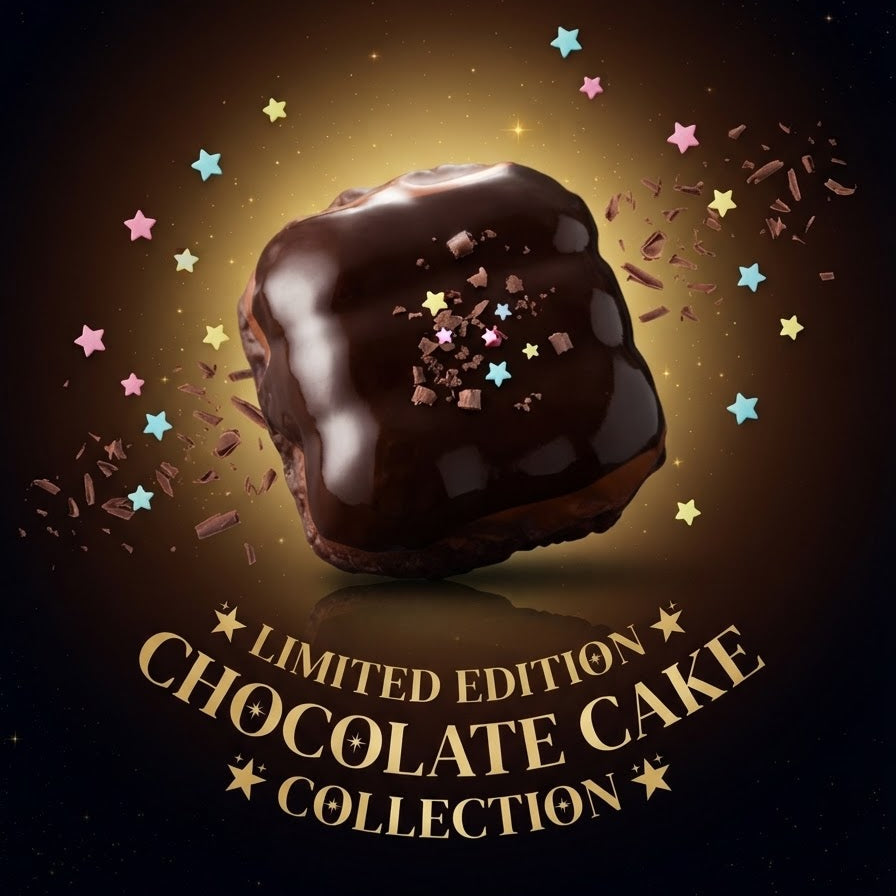 A glossy chocolate cake with sprinkles on a dark background, surrounded by colorful star confetti and the text 'LIMITED EDITION CHOCOLATE CAKE COLLECTION' in gold.