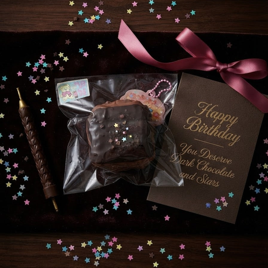 A chocolate gift set on a dark wooden background, featuring a square dark chocolate cake in a clear bag with a pink ribbon, a brown pen, and a brown 'Happy Birthday' card with gold lettering.